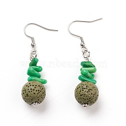 Natural Lava Rock Dangle Earrings, with Synthetic Gemstones, Alloy Spacer Beads and Stainless Steel Earring Hooks, Round, Olive, 55~56mm, Pin: 0.7mm(EJEW-E260-B14)