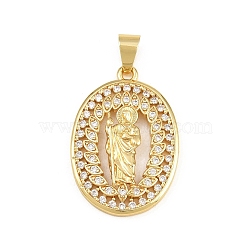 Religion Brass Micro Pave Clear Cubic Zirconia Pendants, Oval with Saint Jude Charms, Rack Plating, Long-Lasting Plated, Cadmium Free & Lead Free, Real 18K Gold Plated, 28x19x4mm, Hole: 6x4mm(CU-CBAD306-21G)