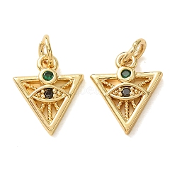 Brass Micro Pave Colorful Cubic Zirconia Charms, Triangle with Evil Eye Charms, Lead Free & Cadmium Free, Rack Plating, Long-Lasting Plated, Real 18K Gold Plated, 13x11x2.5mm, Hole: 3.3mm(CU-E003-15G-B)