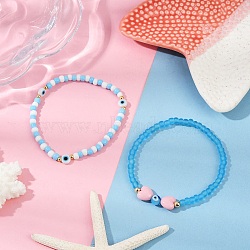 2Pcs Glass Seed Beads Stretch Bracelets for Women, with Evil Eye & Heart Charm, Mixed Color, Inner Diameter: 2~2-1/8 inch(5~5.3cm)(BJEW-JB11693)