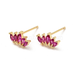 Cubic Zirconia Oval Stud Earrings, Real 18K Gold Plated Brass Jewelry for Women, Cadmium Free & Nickel Free & Lead Free, Deep Pink, 5.5x10mm, Pin: 0.7mm(EJEW-G297-11G-01)