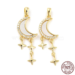 Natural Shell Pendants, with 925 Sterling Silver Micro Pave Cubic Zirconia Findings, Moon with Star Charms, Real 18K Gold Plated, 27.5x9.5x2mm, Hole: 3.5x2mm(STER-P051-05G)