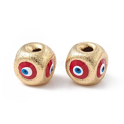 Brass Beads, with Enamel, Real 18K Gold Plated, Cube with Evil Eye, FireBrick, 10.5x11.5x11mm, Hole: 2.5mm(KK-A176-01G-03)