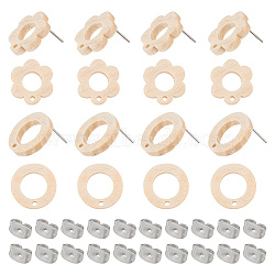 32Pcs 2 Style Donut & Flower Natural Ash Wood Stud Earring Findings, with 304 Stainless Steel Pin & 32pcs Ear Nuts, BurlyWood, Earring: 18x16.5~18mm, Hole: 1.8mm, Pin: 0.7mm, 16Pcs/style(EJEW-UN0002-28)