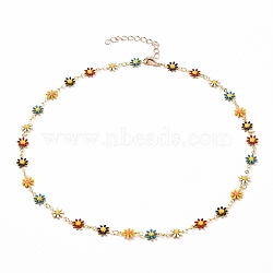 Golden Brass Flower Enamel Links Chain Necklaces, with Brass Curb Chains & Lobster Claw Clasps, Colorful, 17 inch(43.1cm)(NJEW-JN03171-01)