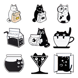 9Pcs 9 Styles Cat Enamel Pins, Black Alloy Brooch for Clothes Backpack, Mixed Color, 25~30x17.5~30.5x1.4~1.5mm, 1pc/style(JEWB-GO0001-08)