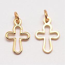 Brass Tiny Cross Charms, Cadmium Free & Nickel Free & Lead Free, Real 18K Gold Plated, 12x8x1mm, Hole: 3mm(KK-G258-02-NR)