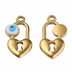 304 Stainless Steel Enamel Pendants, Heart Padlock with Evil Eye, Golden, White, 20x11x3mm, Hole: 1.8mm(STAS-N087-53-02G)