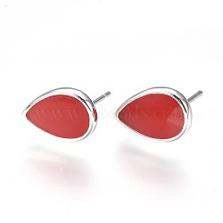 Brass Stud Earring Findings, with Loop, Enamel, Nickel Free, Teardrop, Real Platinum Plated, Red, 12x8x1.5mm, Hole: 1mm, Pin: 0.8mm(KK-P153-21P-03-NF)