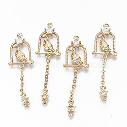 Brass Micro Pave Cubic Zirconia Links Connectors, Light Gold, Long-Lasting Plated, Cadmium Free & Lead Free, Bird & Birdcage & Star, Clear, 43x14x3mm, Hole: 1.2mm(KK-S359-077-RS)