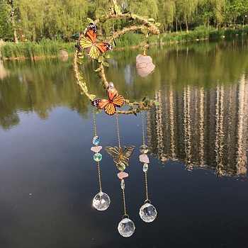 Natural Rose Quartz Chip Pendant Decorations, Glass Suncatchers, Moon & Butterfly, 450x140mm