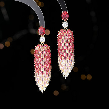Teardrop Brass Micro Pave Cubic Zirconia Dangle Stud Earrings, Golden, Cerise, 66x17mm
