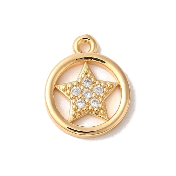 Brass Micro Pave Clear Cubic Zirconia Charms, Nickle Free, Flat Round with Star, Real 18K Gold Plated, 14x11x2mm, Hole: 1.2mm