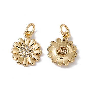 Brass Micro Pave Clear Cubic Zirconia Charms, with Jump Ring, Cadmium Free & Nickel Free & Lead Free, Rack Plating, Sunflower, Real 18K Gold Plated, 14x11x2.5mm, Hole: 3mm