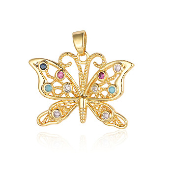 Brass Micro Pave Colorful Cubic Zirconia Pendants, Butterfly Charms, Real 18K Gold Plated, 25x18x2.1mm