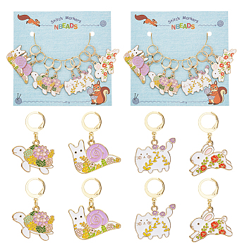 Alloy Enamel Pendant Stitch Markers, Crochet Leverback Hoop Charms, Locking Stitch Marker with Wine Glass Charm Ring, Snail/Rabbit/Cat with Flower, Mixed Color, 3.5cm, 4 style, 2pcs/style, 8pcs/set