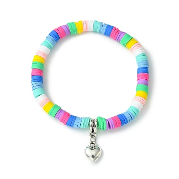 Handmade Polymer Clay Heishi Beads Stretch Bracelet, Heart Alloy Charm Bracelet for Women, Colorful, Inner Diameter: 2-1/8 inch(5.3cm)