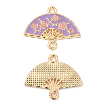 Alloy Enamel Connector Charms, Handheld Fan Links, Cadmium Free & Nickel Free & Lead Free, Golden, Plum, 19.5x24x1.5mm, Hole: 1.8mm and 1.6mm