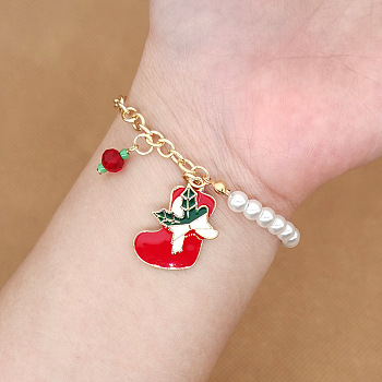 Christmas Jewelry, Alloy Enamel Charm Bracelets for Women, with Plastic Imitation Pearl, Christmas Socking