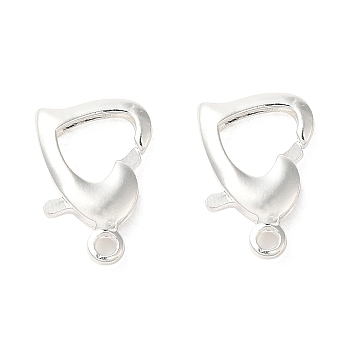 Brass Lobster Claw Clasps, Heart, 925 Sterling Silver Plated, 9x13x3mm, Hole: 1.4mm