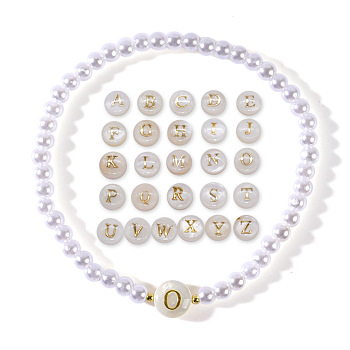 White Pearl Bracelet, Brass Beads and Shell Letters Bracelets