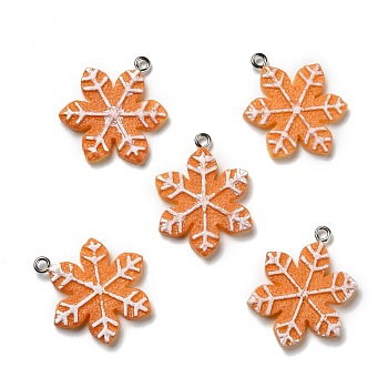 Opaque Resin Pendants, with Platinum Tone Iron Loops, Imitation Gingerbread, Christmas Theme, Snowflake, Sandy Brown, 29x24.5x3.5mm, Hole: 2mm