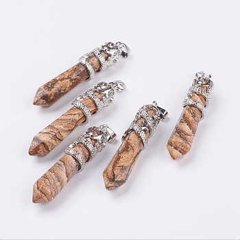 Natural Picture Jasper Big Pointed Pendants, with Alloy Findings, Faceted, Bullet, Platinum, 59~63x11~12mm, Hole: 4x7mm