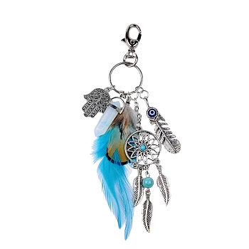 Bohemian Woven Net/Web with Feather Alloy Pendant Decorations with Opalite Bullet Charm and Hamsa Hand/Hand of Miriam Charms, for Keychain, Purse, Backpack Ornament, Blue, 100mm