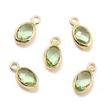 Eco-Friendly Brass with Glass Pendants,  Long-Lasting Plated, Lead Free & Cadmium Free & Nickel Free, Oval, Real 18K Gold Plated, Olive Drab, 9x4.5x2mm, Hole: 1.2mm