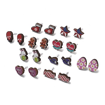 Wood Stud Earrings, with Silicone Ear Nut, Candy/Heart/Egg/Star/Rabbit/Heart/Witch Hat/Christmas Socking/Human, Mixed Color, 12~17x12~16mm