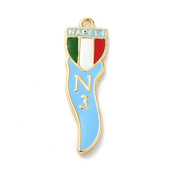 Rack Plating Brass Enamel Pendants, Lead Free & Cadmium Free, Long-Lasting Plated, Horn of Plenty/Italian Horn Cornicello with Badge Charms, Real 18K Gold Plated, 26x8x1.6mm, Hole: 1.2mm