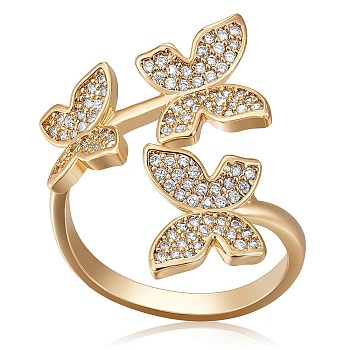 Brass Micro Pave Clear Cubic Zirconia Cuff Rings, Open Rings, Long-Lasting Plated, Butterfly, Real 18K Gold Plated, 2.5~24mm, Inner Diameter: 17.5mm