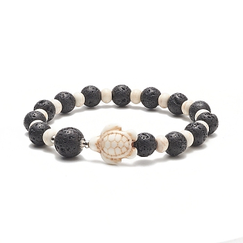 Dyed Synthetic Turquoise(Dyed) Tortoise & Natural Lava Rock Beaded Stretch Bracelet for Women, Beige, Inner Diameter: 2-3/8~2-1/2 inch(6~6.5cm)