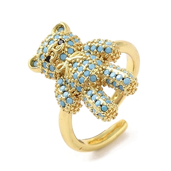 Rack Plating Brass Micro Pave Cubic Zirconia Finger Ring, Cuff Ring, Long-Lasting Plated, Cadmium Free & Lead Free, Bear, Light Sky Blue, Inner Diameter: 16.6mm
