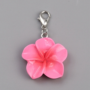 Resin Flower Pendant Decoration, with Alloy Lobster Claw Clasps, Deep Pink, 41mm