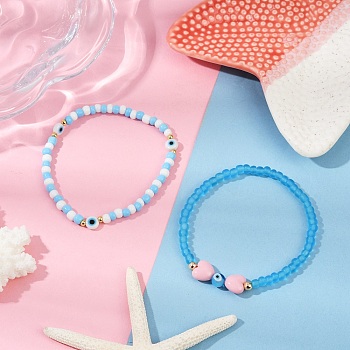 2Pcs Glass Seed Beads Stretch Bracelets for Women, with Evil Eye & Heart Charm, Mixed Color, Inner Diameter: 2~2-1/8 inch(5~5.3cm)