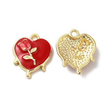Rack Plating Alloy Enamel Pendants, Golden, Melting Heart with Rose Charm, Red, 19x15x4mm, Hole: 1.8mm