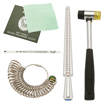 Jewelry Measuring Tool Sets, with Ring Mandrel and Ring Sizers Model, Finger Measure, Rubber Hammers and Silver Polishing Cloth, Stick: 250x25mm, Ring: 11~22mm, 28pcs/set