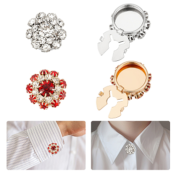 4Pcs 2 Colors Alloy Rhinestone Cufflinks, with Brass Findings, Flower, Ruby, 21x13.5mm, 2pcs/color