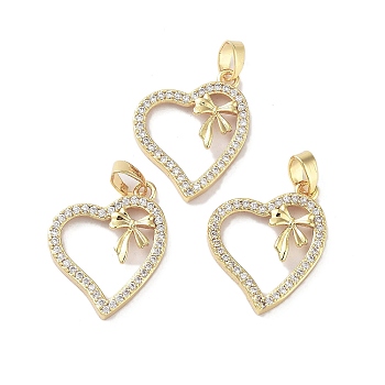 Valentine's Day Heart with Bowknot Charms Rack Plating Brass Micro Pave Clear Cubic Zirconia Pendants, Long-Lasting Plated, Cadmium Free & Lead Free, Real 18K Gold Plated, 20x16.5x3mm, Hole: 3x5mm