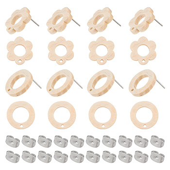 32Pcs 2 Style Donut & Flower Natural Ash Wood Stud Earring Findings, with 304 Stainless Steel Pin & 32pcs Ear Nuts, BurlyWood, Earring: 18x16.5~18mm, Hole: 1.8mm, Pin: 0.7mm, 16Pcs/style