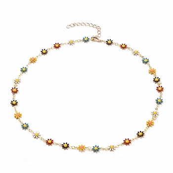 Golden Brass Flower Enamel Links Chain Necklaces, with Brass Curb Chains & Lobster Claw Clasps, Colorful, 17 inch(43.1cm)
