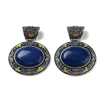 Natural Lapis Lazuli Pendants, with Antique Silver Tone Alloy Findings and Enamel, Oval, 54x59.5x15mm, Hole: 13x11mm