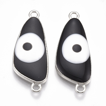 Alloy Links connectors, with Enamel, Triangle with Evil Eye, Platinum, Black, 30.5x12x4mm, Hole: 1.8mm