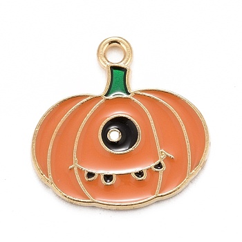 Halloween Alloy Enamel Pandants, Light Gold, Pumpkin with Eye, Dark Orange, 20x20x1.5mm, Hole: 1.8mm