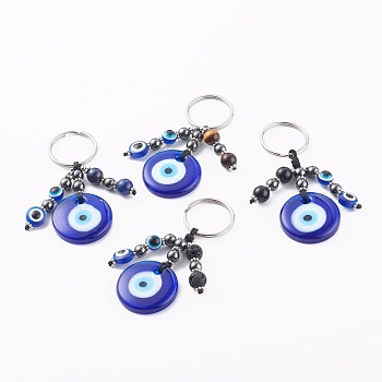 Flat Round Evil Eye Lampwork Keychain, with Gemstone Beads, Resin Beads and 316 Surgical Stainless Steel Split Key Rings, Hamsa Hand, Blue, 8cm