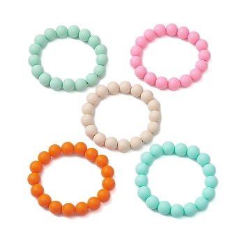 5Pcs 5 Colors 12mm Round Food Grade Eco-Friendly Silicone Beaded Stretch Bracelets for Women Men, Mixed Color, Inner Diameter: 2-3/8 inch(6cm), 1pc/color