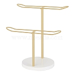 2-Tier T Shaped Iron Hair Band Display Stands, Headband Organizers with Marble Base, Golden, 25.9x16x28.4cm(PW-WGA11D5-01)