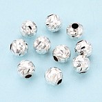 Textured 925 Sterling Silver Beads, Round, Silver, 6mm, Hole: 2mm(STER-T008-45S-02)
