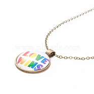 Rainbow Pride Necklace, Love Wins Word Flat Round Pendant Necklace for Men Women, Antique Bronze, Word, 20.08 inch(51cm) (NJEW-F290-01A)